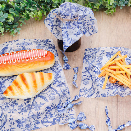 Bravopapier 150Pcs Blue Floral Bird Deli Paper, 9.8 x 8.3in Chinoiserie Floral Bird Grease Proof Food Wrap Paper Liners