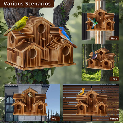 Puyikes Bird House for Outside 5 Hole Bird Houses Room for 5 Bird Families Large Bird House for Garden/Courtyard/Backyard for Garden Decor-Finch Bluebird Cardinals Handmade Wooden Hummingbird House