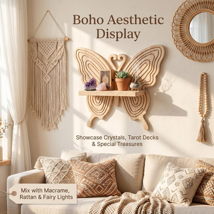 Stylitzy Boho Butterfly Wooden Floating Wall Shelf, Carved Wood Wall Art Decor, Wall Mounted Display Rack for Plants, Photos & Figurines, Hanging Storage Shelf for Bedroom Living Room