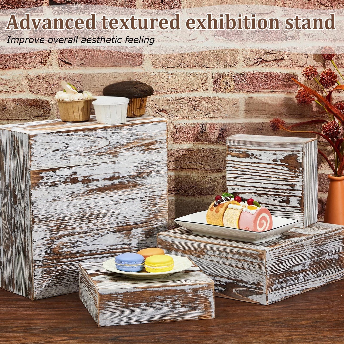 Juexica Set of 4 Large Wood Display Risers Rustic Cupcake Stand Size 11.8",10",7.8",6.3", Wooden Stackable Display Box Wood Cake Stand for Dessert Wedding Birthday Christmas Party(Classic)