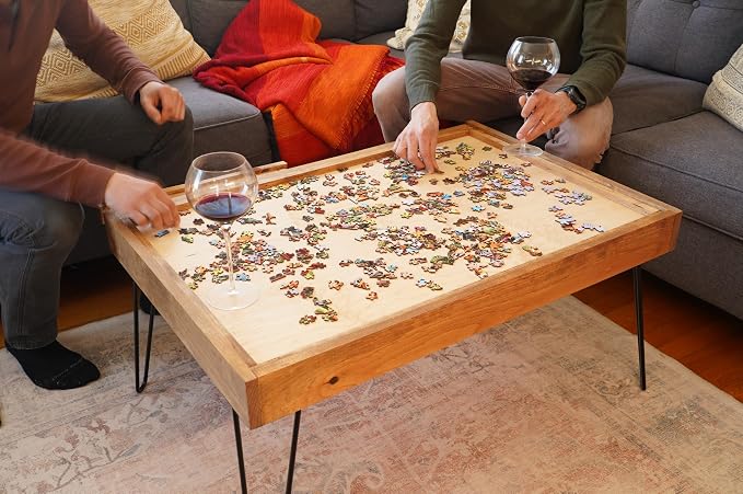 Rustic Puzzle Coffee Table with Removable Glass top - Includes 2 Hidden Drawers - 24x36. 100% Made in the USA