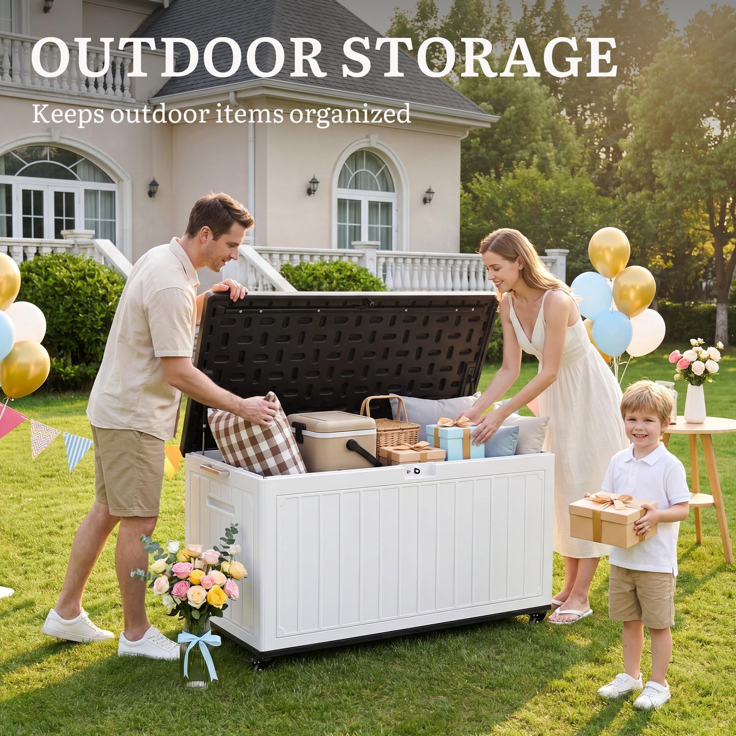 YITAHOME 90 Gallon Outdoor Storage Box with 6 Swivel Wheels & Dual Wooden Handles, Large Double-Wall Resin Deck Box, Lockable Waterproof Patio Organizer for Furniture, Cushions, White & Black