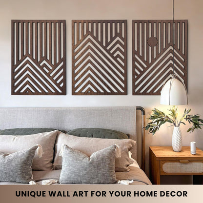 qmmp Modern Wooden Wall Sculptures - Set of 3 - Home Decor Accent - Large Wall Art for Living Room, Bedroom, Office - Easy Installation (Walnut, Large - Mountain and Sun, Unframed)