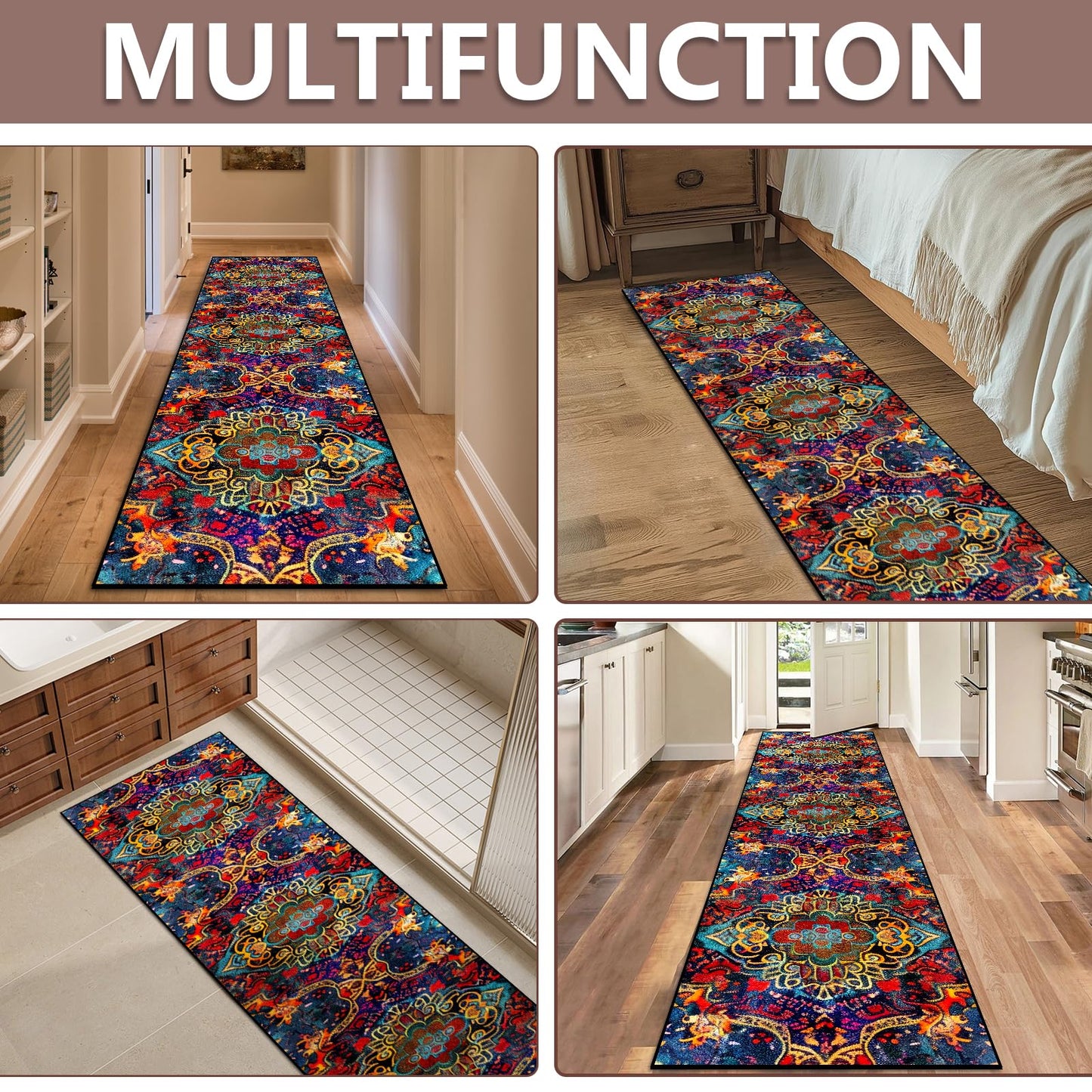 Washable Corridor Runner Rug, Non-Slip Dark Red Hallway Rug Runner with Upgrade Rubber Backing, Stain Resistant Faux Wool Distressed Carpet for Bedroom Kitchen Laundry Corridor Balcony (94.5" x 23.6")