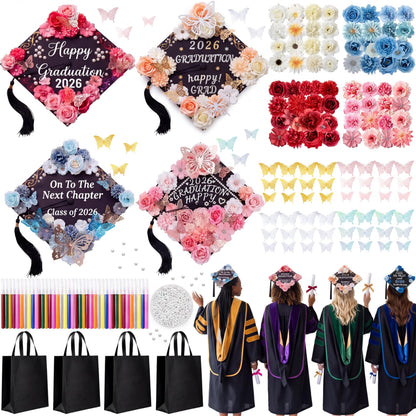 Gersoniel 180 Pcs Graduation Cap Decorations Kit 4 Adjustable Grad Cap, Faux Flower Heads 3D Butterfly Pearl Beads Glitter Glue Totes Bag for 2026 Graduation Dress Grad Hats Topper Party Craft DIY