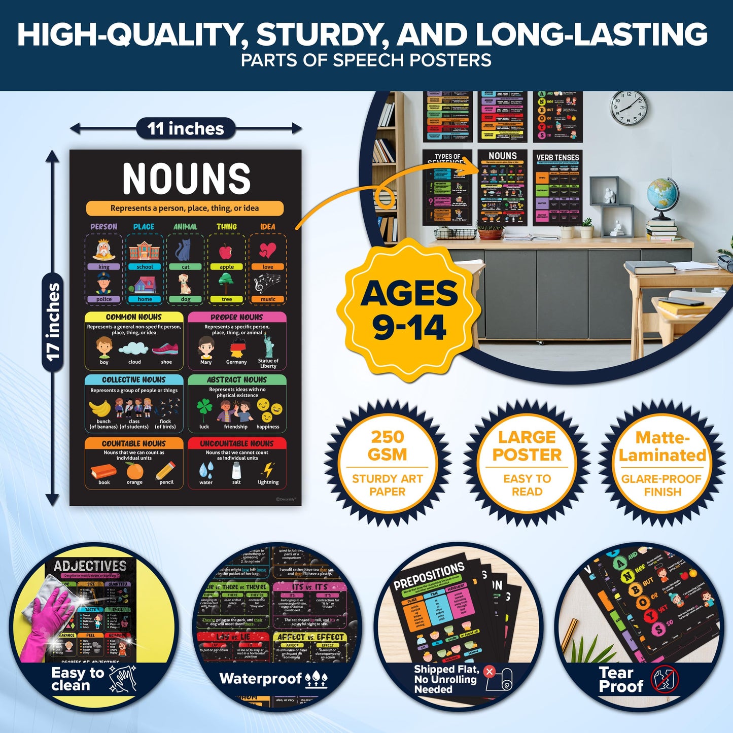 Decorably 15 Chalkboard Parts of Speech Grammar Posters for Classroom, 11x17in Educational, Matte-Laminated Decor - for School, Hallways, Bulletin Boards, Home Study Room