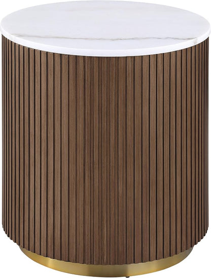 Coaster Home Furnishings - Jason - Wood and Metal - 2-Piece Coffee Table Set with Marble Tops, Reeded Drum Bases, and Gold Ring Accents - Living Room - Honey Brown and White Marble - 712418-S2