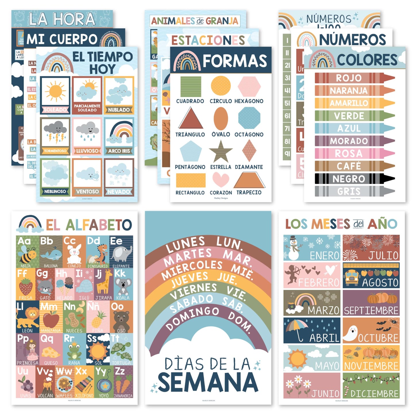 Hadley Designs Spanish Posters for Classroom - 12 Bilingual Educational Posters for Spanish Classroom Decorations Must Haves, Calendario y Alfabeto en Español Para la Pared, Boho Teacher Supplies