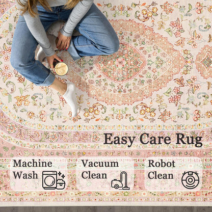 Castage 5x7 Area Rugs Washable,Pink Rug for Living Room Bedroom Kitchen,Large Boho Vintage Bohemian Distressed Farmhouse Carpet Non Slip,Blush Floral