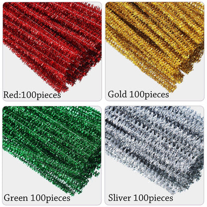 WILLBOND 400 Pieces Christmas Pipe Cleaners Craft Pipe Cleaners Glitter Chenille Stems Creative Arts Chenille Stems for DIY Craft Christmas Decoration, 12 Inches (Red, Gold, Silver, Green)