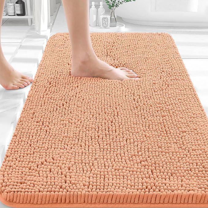 OLANLY Bathroom Rugs 35x24, Extra Soft Absorbent Chenille Bath Rugs, Rubber Backing Quick Dry, Machine Washable Bath Mats for Bathroom Floor, Tub and Shower, Home Decor Accessories, Peach