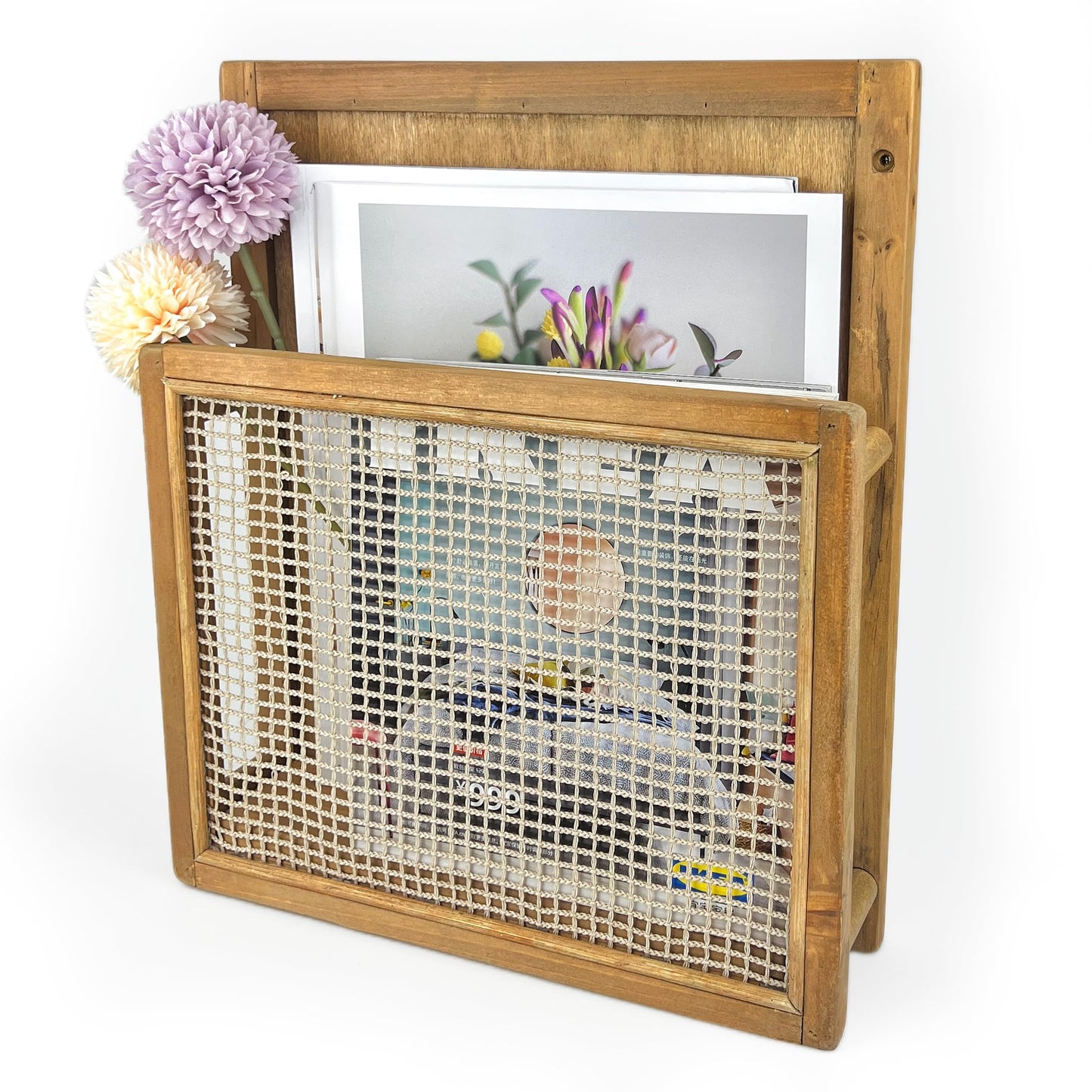 Pubgeer Wooden Wall Mounted Magazine Rack, Boho Style Wall File Organizer, File Holder For Entryway Living Room Kids’ room and Office, Magazine Holder, Hanging Mail Organizer (Brown)