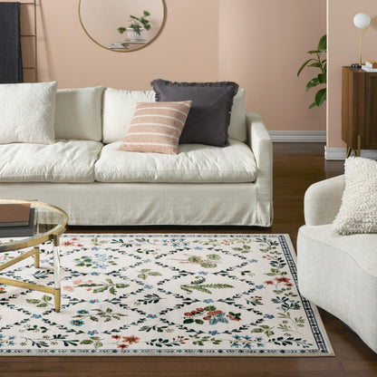 EVERWASH Haven Floral Trellis Machine Washable Area Rug with Airflo Technology for Easy Clean, Ultra-Soft Non-Slip Rug with Built-in Pad, Pet, Family & Allergy Friendly Rug, Ivory, 8'x10'