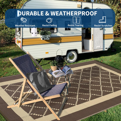 Garvee Patio Rugs Outdoor 9x18 Plastic Straw Rug Modern Reversible Camping Carpet, Waterproof Bordered Outdoor Mat with 4 Stakes and Storage Bag for RV, Picnic, Backyard, Deck, Balcony, Porch, Beach