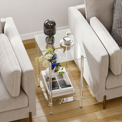 Tempered Glass Side Tables Set of 2 Acrylic End Table with 2 Storage Shelve transparent Bedside simplicity clear 2-Tier Nightstands small Spaces Office Bedroom Living Room Study Transparent ET-008TR
