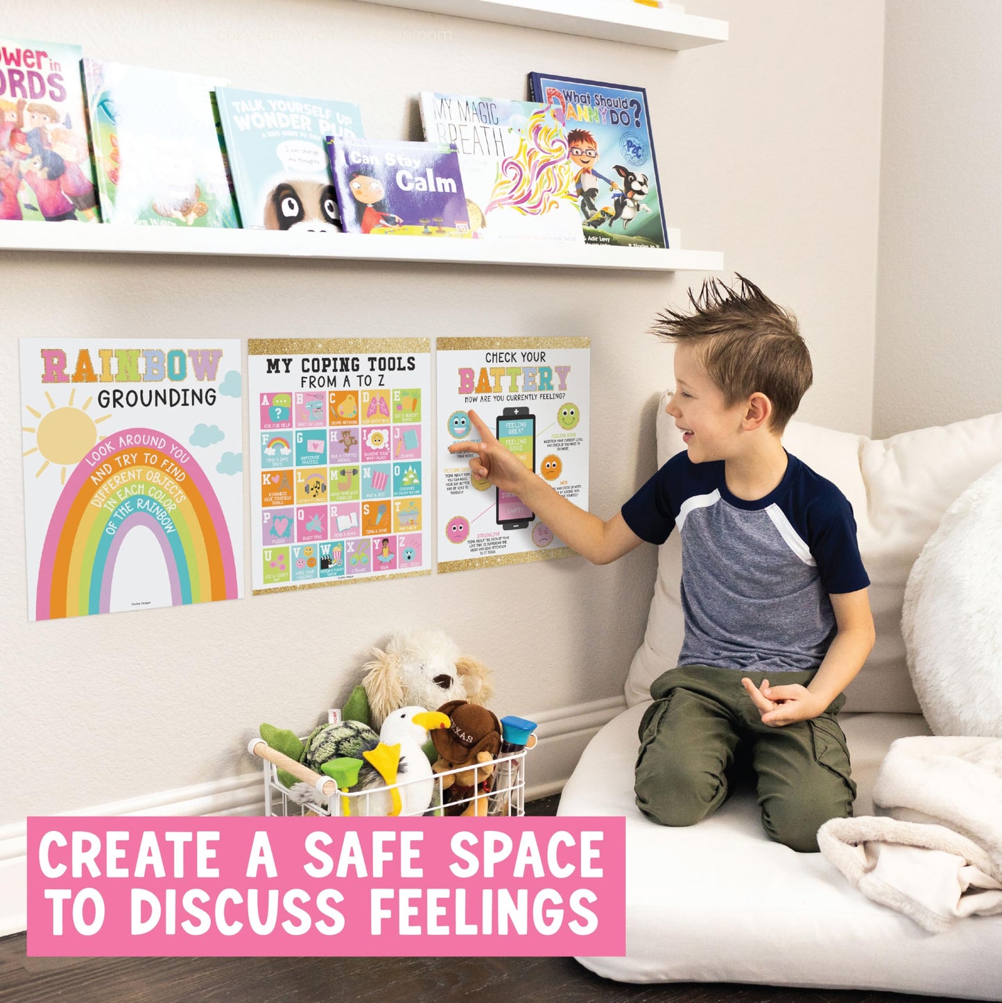 Hadley Designs 9 Calming Corner Posters for Classroom Must Haves - Calm Down Corner Supplies with Emotions Chart, School Counselor Mental Health Poster, Feelings Chart For Kids, Gold Classroom Decor