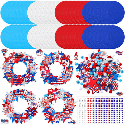 SmoothNovelty 405 Pcs 4th of July DIY Craft Kits Memorial Day Crafts Wreaths Patriotic Wreath Kits 32 Pcs Foam Wreath with 373 Patriotic Stickers for 250th Anniversary Independence Day Party Supplies