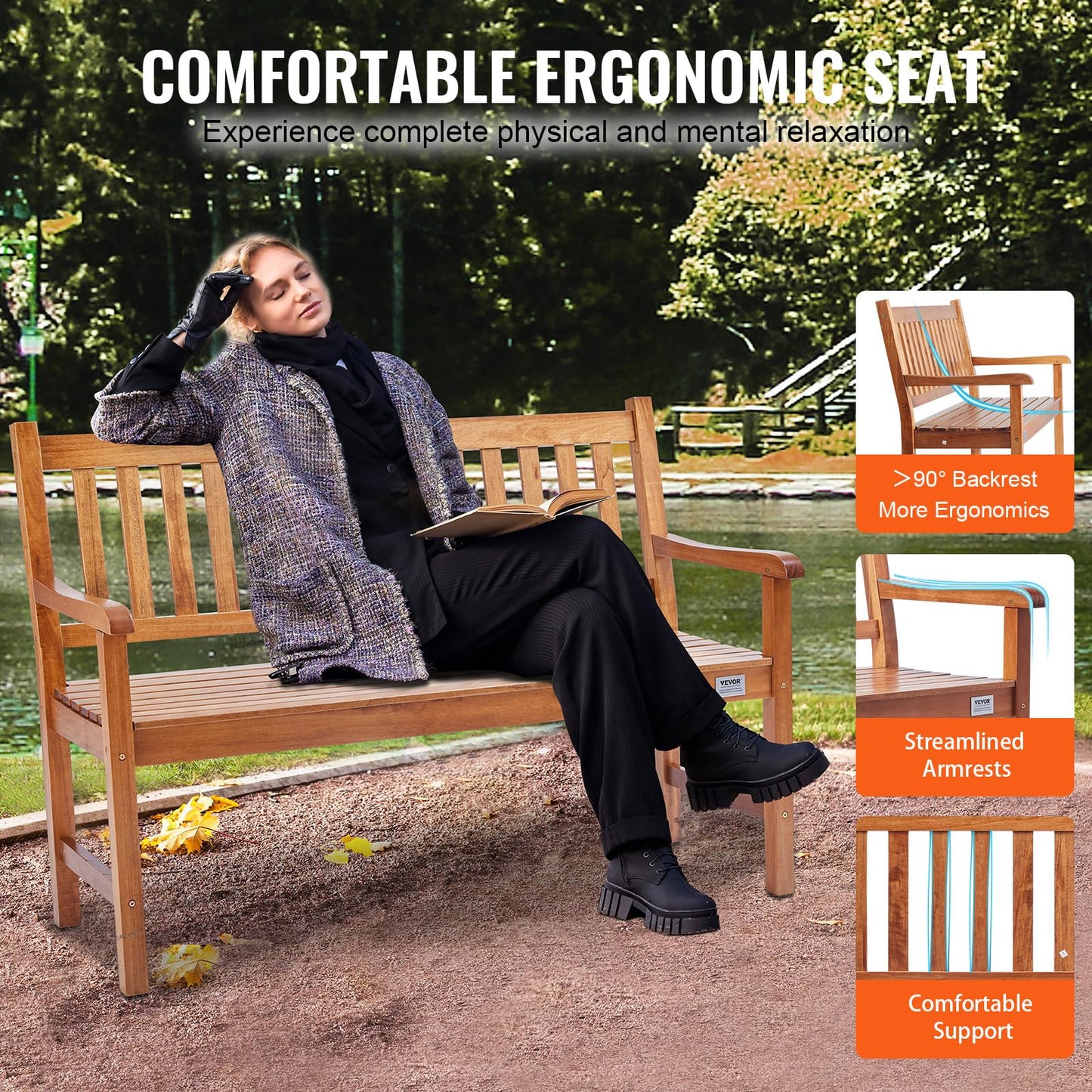 VEVOR Wood Outdoor Bench, 2-Person Garden Bench with Backrest and Armrests, 800 lbs Load Capacity,All-Weather Never Rot Patio Bench for Garden, Park, Yard, Front Porch