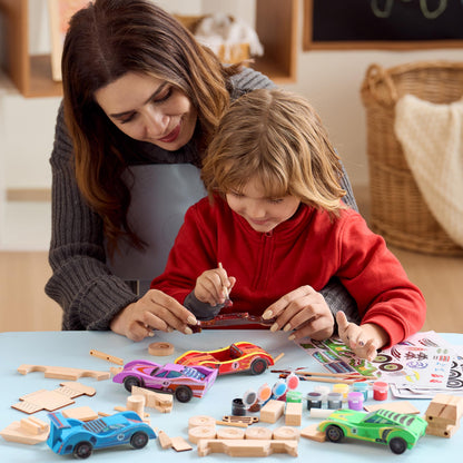 Klever Kits 4 DIY Wooden Race Cars-Build & Paint Your Own Wood Craft Kit, 4 Race Cars Toy, Easy to Assemble Arts Crafts Kit, Birthday Party Presents for Kids Boys and Girls