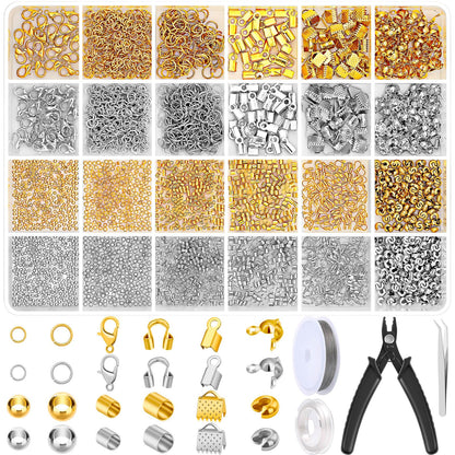 2384Pcs Crimp Beads Supplies for Jewelry Making, Including Crimp Bead Covers, Crimp Tubes, Bracelet Clasps and Closures, Crimp Ends, Jump Rings, Crimping Pliers and Beading Wire for Bracelets Making
