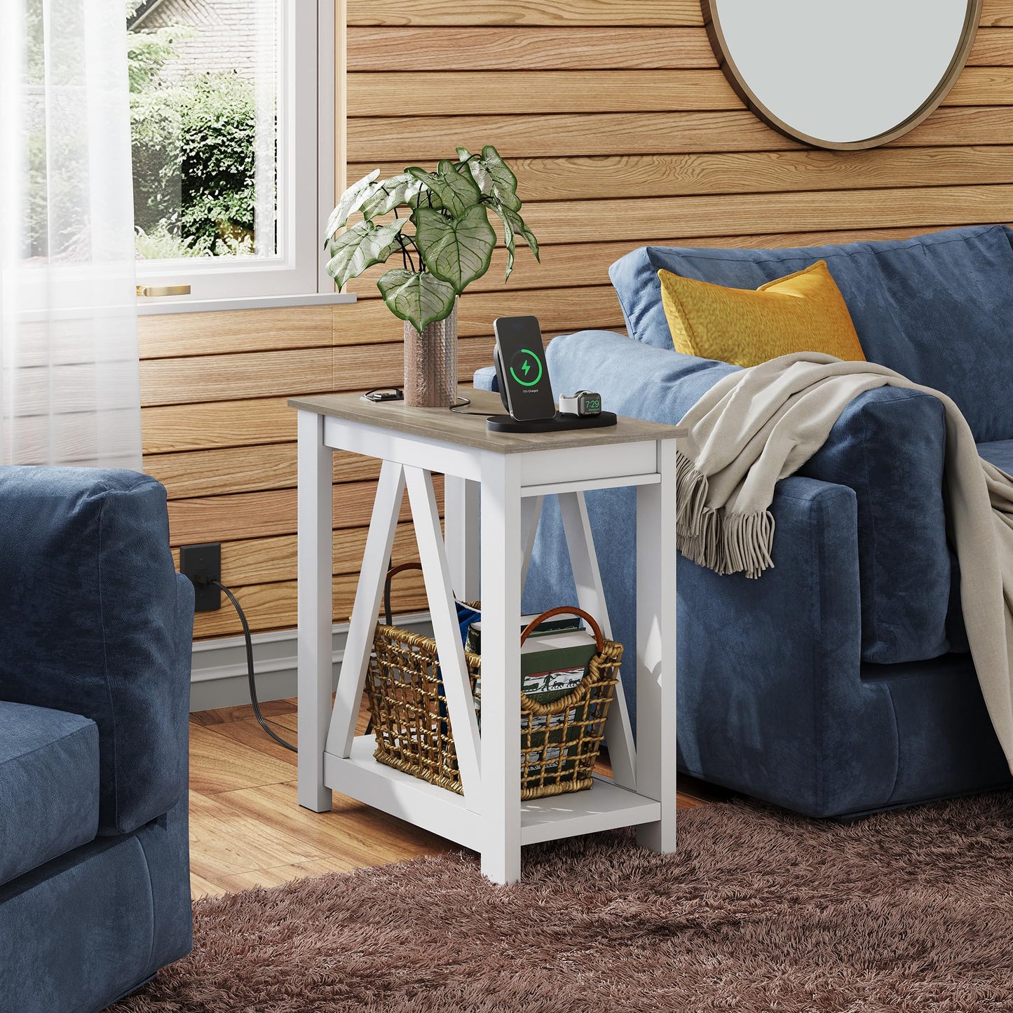 WLIVE Farmhouse End Table, Narrow Side Table with Charging Station, Slim End Table, Side Table for Bedroom, Living Room, Small Spaces, 2 USB and 2 Power Outlets, 11.8" D x 23.6" W x 23.74" H