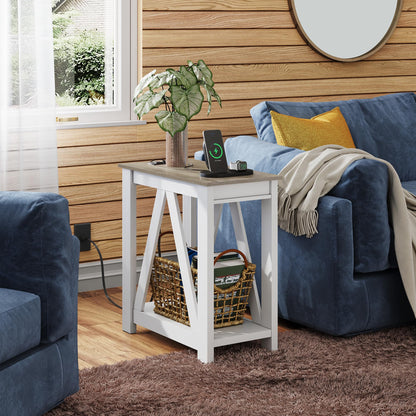 WLIVE Farmhouse End Table, Narrow Side Table with Charging Station, Slim End Table, Side Table for Bedroom, Living Room, Small Spaces, 2 USB and 2 Power Outlets, 11.8" D x 23.6" W x 23.74" H
