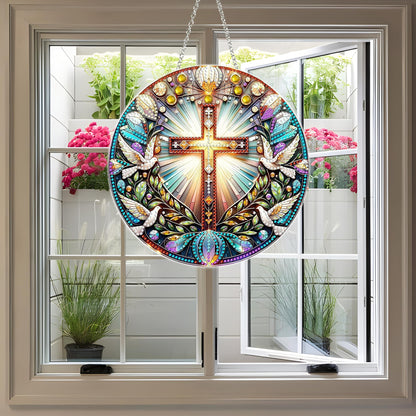 DIY Diamond Art Painting Wreath Kits，Special Shaped Rhinestone Hanging Ornament Diamond Art Acrylic Window Pendants for Gift Home Garden Wall Hanging Kits(Cross-1)