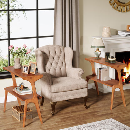 Tribesigns 2-Tier Solid Wood Side Table, Mid-Century Modern End Table with Storage Shelves, Tall Slim Side Table for Couch with Unique Legs, Long Bedside Table for Bedroom, Living Room, Cherry