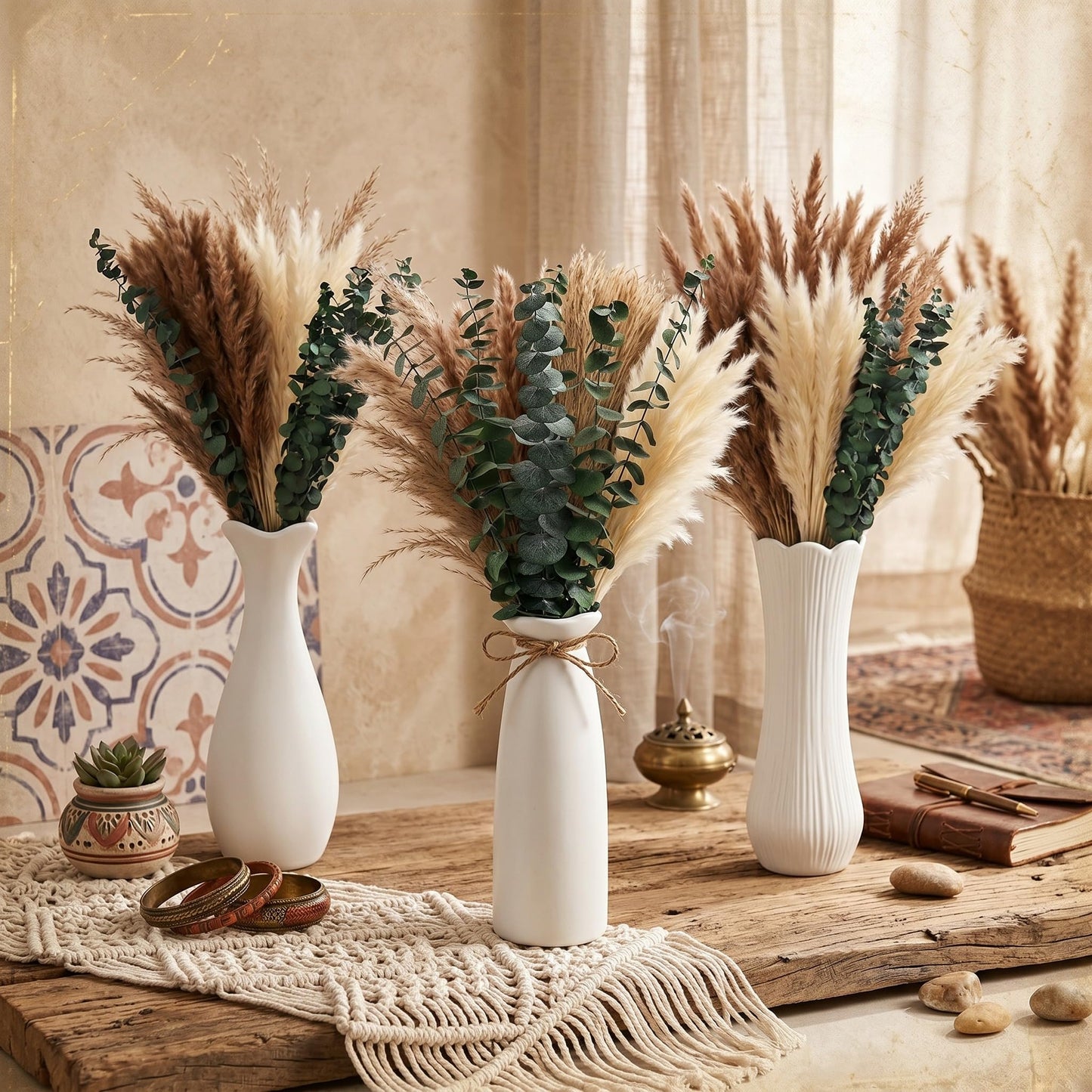 Hushee 3 Set Pampas Grass Decor with Ceramic Vases, 60 Pcs Dried Pampas Grass Arrangement, Boho Decor Set for Farmhouse Living Room Table Centerpiece Entryway Shelf Decoration