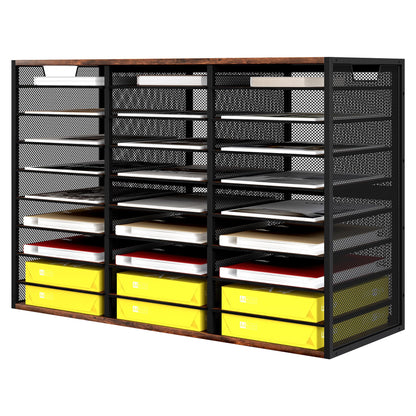 TQVAI 27 Compartments Desktop Literature Organizer, Metal Frame Paper Sorter with Handles, Heavy Duty Mailbox for Classroom and Office, Wood File Organizer for Document, Bill, Magazine, Antique Brown