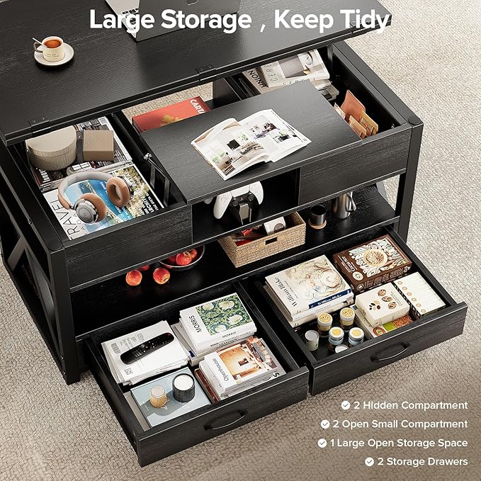 Memobarco 40" Lift Top Coffee Table,4 in 1 Multi-Function Lift Coffee Tables with Storage Drawers and Hidden Compartmen,Farmhouse Coffee Table with Lifting top for Living Room,Black