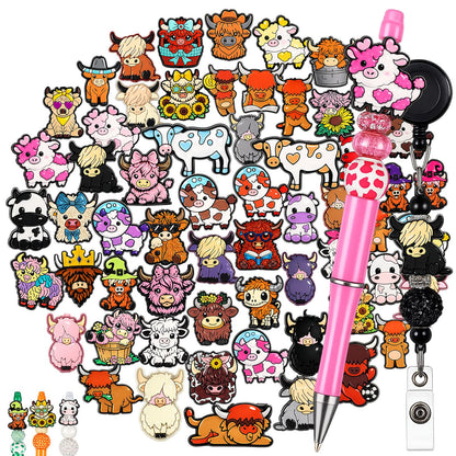 Tondiamo 60 Pcs Silicone Focal Beads for Pens Bulk Highland Cartoon Animal Theme Focal Bead for Beaded Pen Necklace Bracelet Charms Keychain Making Jewelry Making DIY Gifts(Cow)