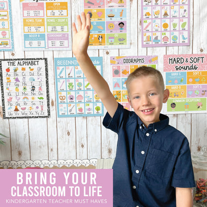 Hadley Designs Phonics Posters for Classroom Must Haves - 9 Sound Wall for Kindergarten & Elementary Teacher Supplies, Syllable, Vowels, Digraphs & Blends Bulletin Board Set, Pastel Classrom Decor