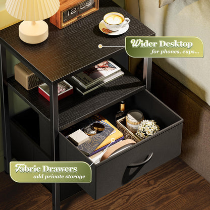 Huuger Night Stand with 2 Drawers, Bed Side Table with Open Shelf, Wooden Top, Nightstand for Bedroom, End Table for Small Space, Fabric Drawer, Black