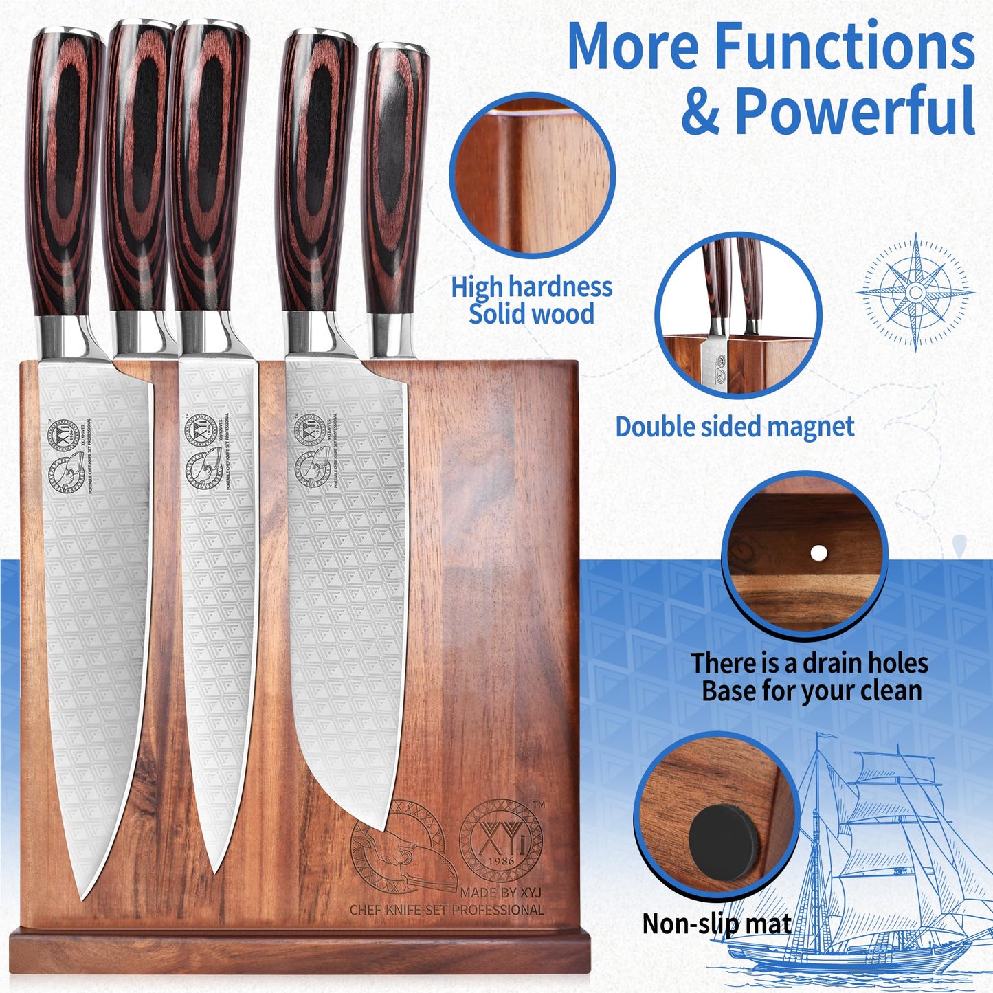 XYJ Authentic Since 1986, Magnetic Knife Block, Double Side Kitchen Knife Stand, Acacia Wood, Magnetic Knife Holder with Strong Enhanced Magnets,Knives Storage Rack Stand for Home Kitchen