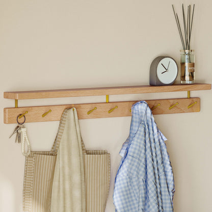 Wayshome Solid Wood Wall Hooks with Shelf, Coat Rack Wall Mount, Entryway Hanging Shelf with 9 Brass Hooks for Hats, Clothes, Towels, Bags, Beech Wood, Natural