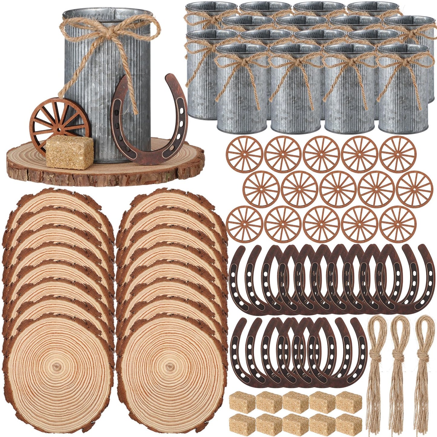 Fiwochic 80 Pcs Western Party Decorations Mini Horseshoe Wagon Wheel Hay Bales Crafts Wooden Plate Farmhouse Vase Table Centerpieces Supplies for Western Birthday Wedding Party Favors Decor (Silver)