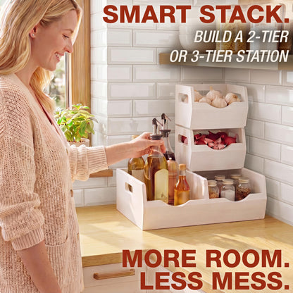 HOMESTEAD Stackable Solid Wood Storage Bins for Kitchen Pantry & Countertop, Ventilated Potato and Onion Basket Organizer with Handles, Wooden Produce Storage Containers, 3-Pack, White