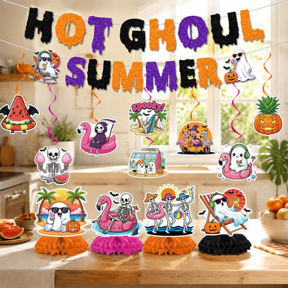 RUBOAOA Summerween Party Decorations, 14 Pcs Hot Ghoul Summer Decor with Banner Hanging Swirl Honeycomb Centerpieces, Tropical Spooky Ghost Skeleton Halloween Decor for Summer Beach Pool Luau Birthday