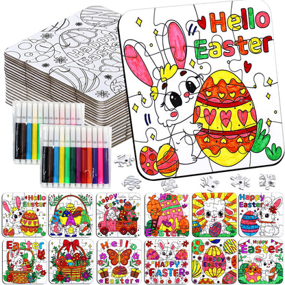 24 Pcs Easter Crafts Puzzle for Kids Ages 4-8, Easter Activities Arts DIY Jigsaw with Egg Bunny Basket Flower, Spring April Craft for Party Favors Gifts Christian Classroom Coloring Games Toy Bulk