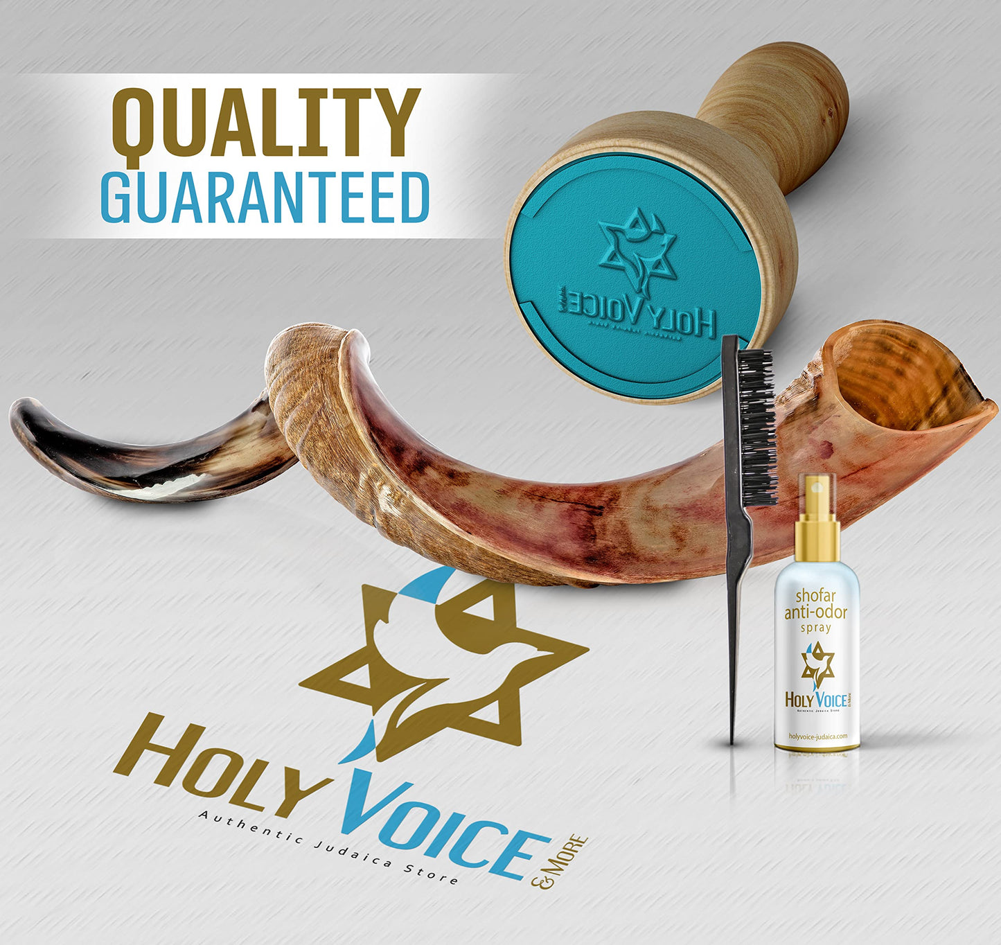 Holy Voice Sterling Silver-Plated 43"-47" Decorative Jerusalem Shofar Horn from Israel Judaica Gift Set with Stand, Carrying Bag, Brush, Made in Israel