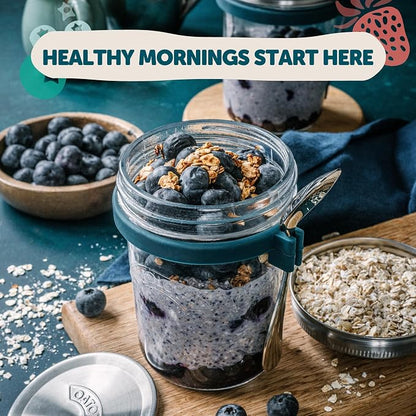 Overnight Oats Containers with Lids & Spoons - Stainless Steel Lid Leakproof Glass Jars for Chia Pudding & Yogurt for Healthy Breakfast On-the-Go - 16oz Set with Unique Milk Line - 4 Pack
