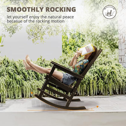 LUE BONA Outdoor Rocking Chairs Set of 2, Weather Resistant HDPS Poly Rocker Chairs, 350lb Heavy Duty, Oversized Porch Rocker for Adult, High Back Smooth Rocking Chair for Outdoor & Indoor, Brown