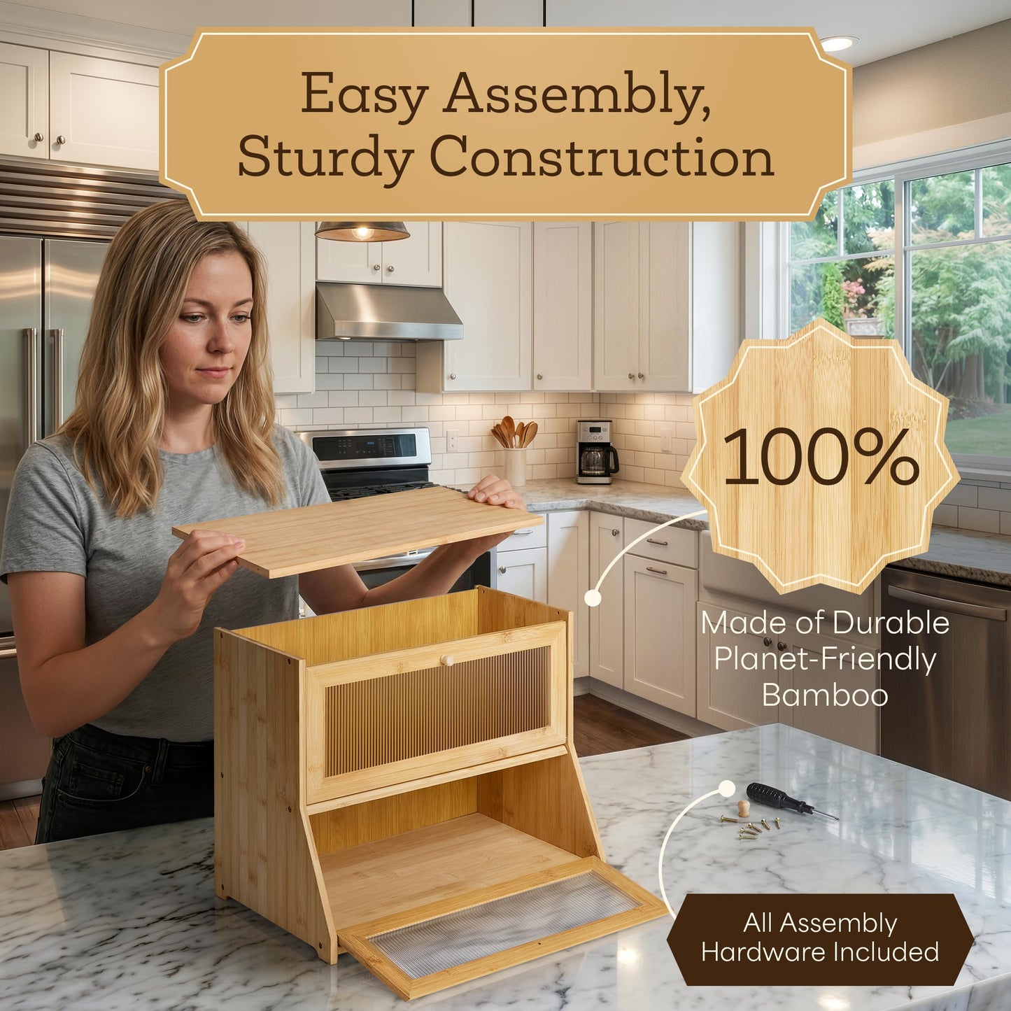 Boulora Large Bread Box for Kitchen Countertop - Bamboo Wooden Bread Box, Vintage Breadbox Countertop Cabinet, Double-Layer XL Sourdough Holder, Ventilated Clear Windows, Cutters & Sealers