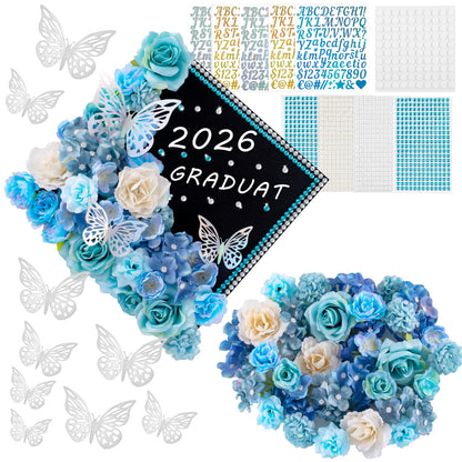 60 PCS Graduation Cap Decorations 2026Graduation Cap Decorations Kit 3DButterfly Stickers Graduation Cap Flowers DIY Graduation Cap Decorations Kit Graduation Party (Blue)