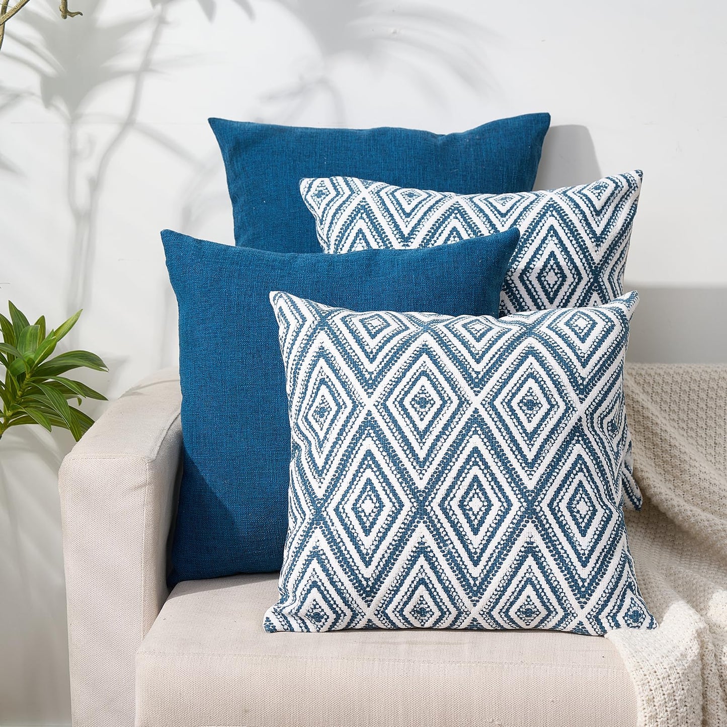 HPUK Decorative Throw Pillow Covers Set of 4 Square Couch Pillows Linen Cushion Cover for Couch Sofa Living Room, 18"x18" inches, Blue
