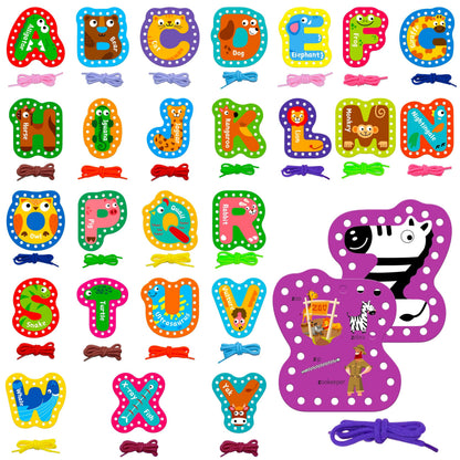 SpriteGru 26PCS Kids Lacing Cards, 26 Double Sided Uppercase Sewing Cards with 26 Colorful Laces, Imagination Development Lacing Toys Games for Children Educational and Learning Activity