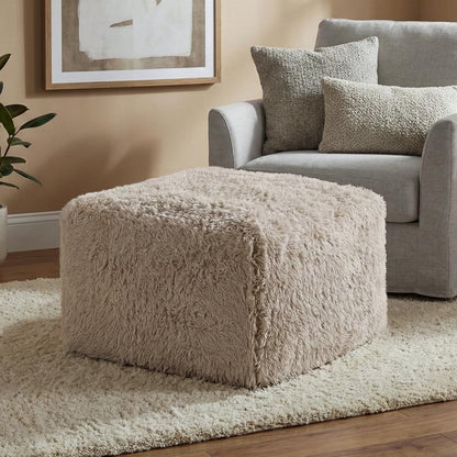 Furniture of America Havyn Modern Faux Fur 1-Seater Square Modular Foam Ottoman, Compressed Couch in a Box, No Assembly Required, for Living Room and Office, Taupe