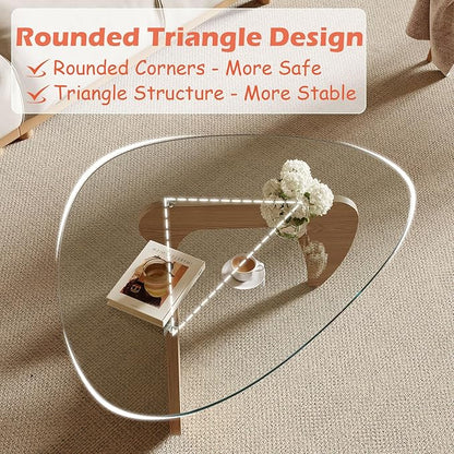 Modern Coffee Table for Living Room and Small Spaces, 35.6" x 25.4" x 15.8" Triangle Tempered Glass Table Top and Solid Wood Base, Natural Wood