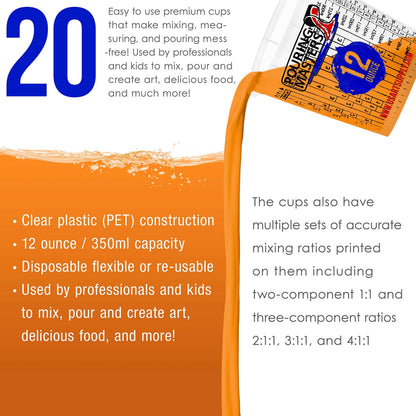 Pouring Masters 12 Ounce (350ml) Graduated Plastic Mixing Cups (Box of 20) - Paint Mixing Cups for Epoxy Resin, Art, Kitchen, Baking - Measurements in OZ and ML, 4 Different Measuring Ratios 1:1
